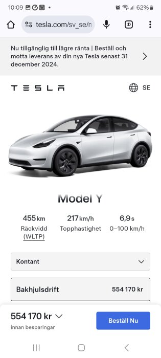 Elektrisk bil Tesla Model Y visas med specifikationer för räckvidd, topphastighet och acceleration. Priset anges till 554 170 kr.