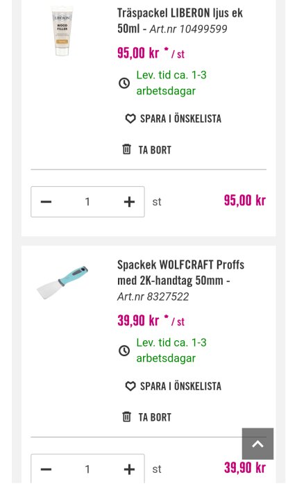 Bild av produkter från Hornbach: Träspackel LIBERON ljus ek och Spackelspade WOLFCRAFT Proffs 2K, med priser och leveranstid.