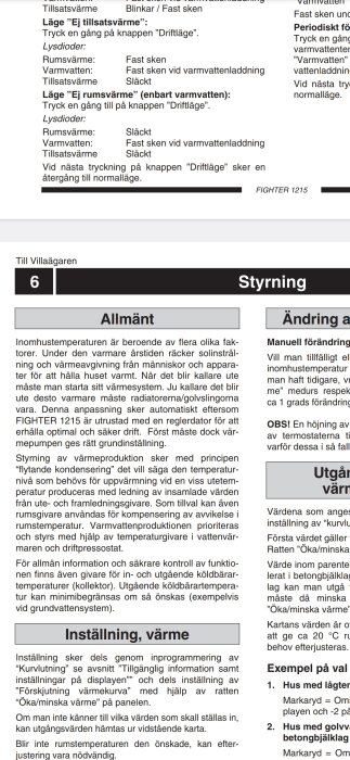 Instruktionsmanual för Nibe 1215 visar inställningar för rumsvärme, varmvatten och tillsatsvärme, med information om temperaturkontroll och styrning.