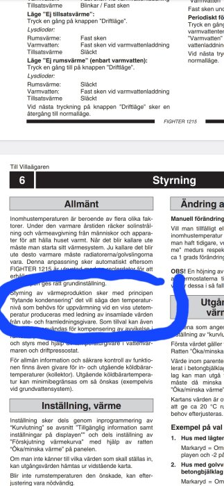 Utdrag ur manual för inställning av värmepump, sida 6, med instruktioner för styrning och allmän information, markerad text med blått.