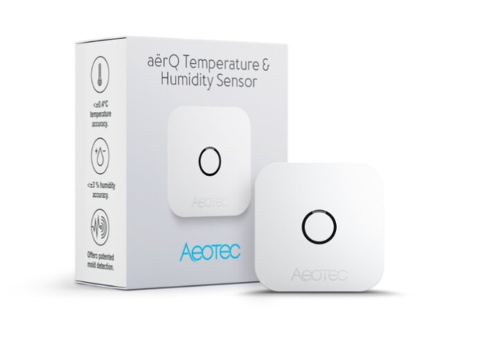 Aeotec aërQ Temperature & Humidity Sensor med förpackning, presenterar en vit fyrkantig enhet för att mäta temperatur och luftfuktighet.