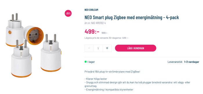 Neo Smart plug Zigbee 4-pack med energimätning, vit med orange detaljer, säljs för 499 SEK. Rabatt -25 %. Visas på en webbsida med köpknapp och produktegenskaper.