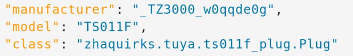 JSON-data som visar tillverkare, modell och klass för en Zigbee-plugg, modell TS011F.