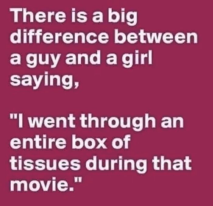 Text på bild: "There is a big difference between a guy and a girl saying, 'I went through an entire box of tissues during that movie.'