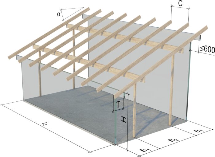 3D-illustration av en byggnad med pulpettak, där takstolarna markeras i rött och en bärande vägg som ska tas bort markeras i blått.