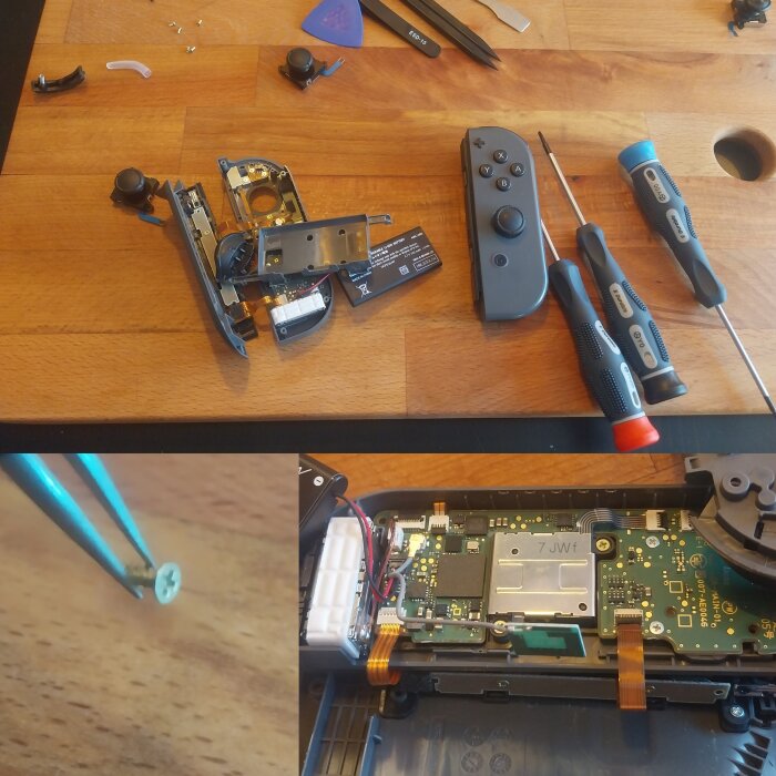 Närbild av demonterad Nintendo Switch-kontroll med verktyg på ett bord, inkl. små skruvar och ett kretskort.