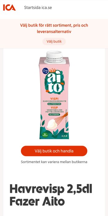 Förpackning med Fazer Aito havrevisp, 2,5 dl, glutenfri och vegansk.