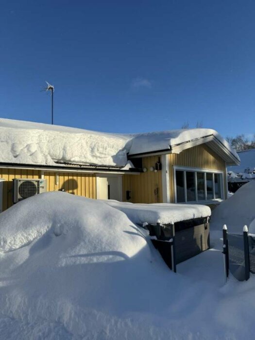 Gul byggnad med snötäckt tak och uteenhet synlig; visar korrekt installation för att undvika täckning av snö och is.