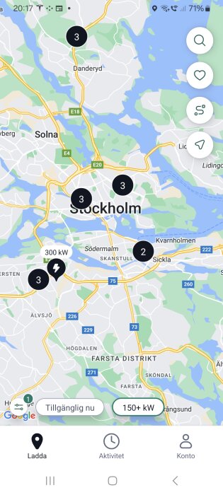 Karta över Stockholm med markeringar för laddstationer, inklusive en station markerad som 300 kW.