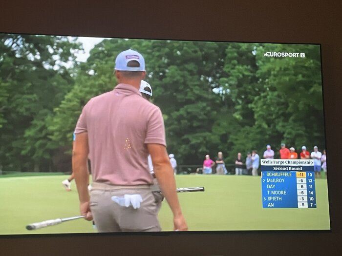 En golfspelare ses bakifrån på en grön golfbana, med en resultatlista i bildens nedre hörn från Wells Fargo Championship på Eurosport 2.