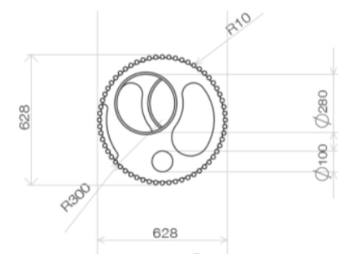 Ritning av hyllplan för katträd med måttangivelser: R300, Ø280 mm, R10. Teckningen visar cirklar och oregelbundna former.