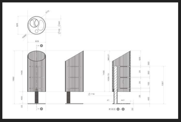 Ritning av modernt katträd med diametermått, inkluderas stora cirklar R300 och håldiameter 280 mm samt stickmått och sidvy av trästruktur.