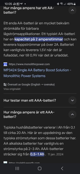 Skärmdump av Googles översättning av en webbsida om AA-batterier, visar kapacitet på 2 Ah och AA/AAA strömstyrkor.