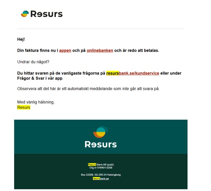 Automatiserat e-postmeddelande från Resurs som påminner om att faktura finns i appen och internetbanken, adresser och kontaktinfo nederst.