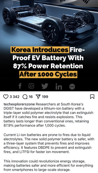 Koreansk elbilsbatteriram med flammskyddad batteriteknik som bibehåller 87% kapacitet efter 1000 cykler, på en modern utställning.