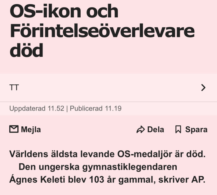 OS-ikon och Förintelseöverlevare död, ungerska gymnasten Ágnes Keleti blev 103 år, TT-rapport, uppdaterad 11.52, publicerad 11.19, mejla, dela, spara.