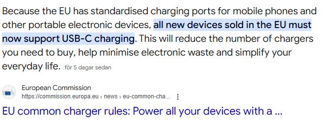 EU-standardisering av USB-C laddningsportar för enheter.