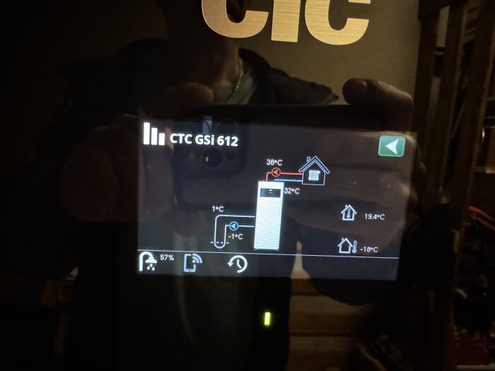 Display på CTC GSi 612 med temperaturinställningar, inklusive 36 °C och 32 °C, för ett värmesystem. Visar även utetemperatur på -18 °C.