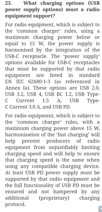 Text om laddningsalternativ och specifikationer för radioapparater, inklusive USB-C och USB PD-standarder.