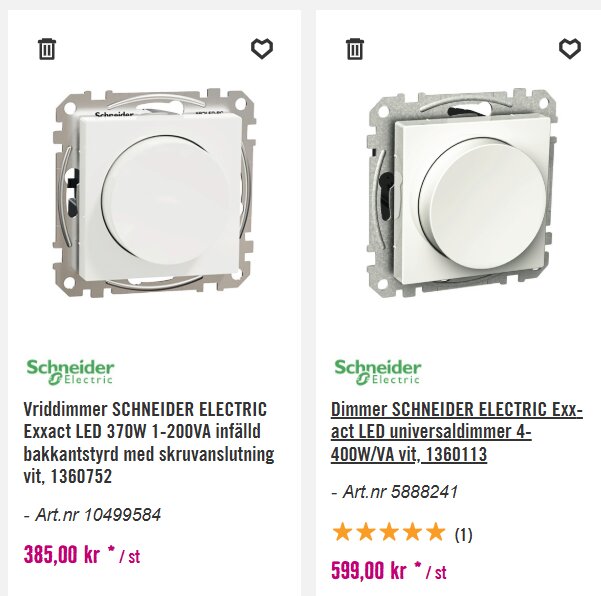 Prisjämförelse av två Schneider Exxact vriddimmrar för LED, båda vita; 370W och 400W, med artikelnummer och betygsättning.