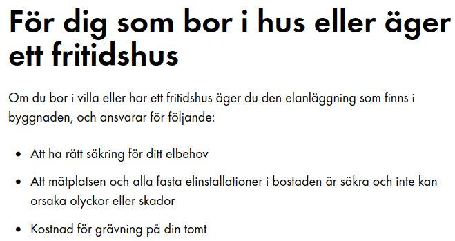 Text som beskriver ansvar för elanläggning för hus- och fritidshusägare, inklusive kostnad för grävning på egen tomt.