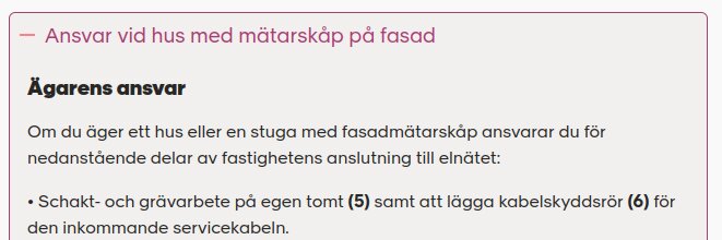 Ägarens ansvar vid hus med mätarskåp på fasad; inkluderar schakt- och grävarbete samt lägga kabelskyddsrör på egen tomt.