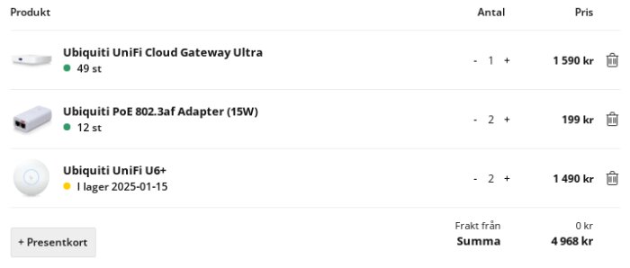 Inköpslista med Ubiquiti-produkter: Cloud Gateway Ultra, PoE Adapter, UniFi U6+. Totalt pris 4 968 kr.