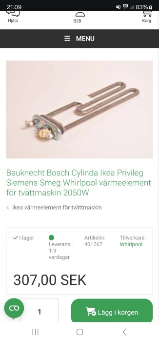 Värmeelement för tvättmaskin, passande Bauknecht, Bosch och fler märken, 2050W, artikelnummer 401267, tillverkare Whirlpool, pris 307,00 SEK.