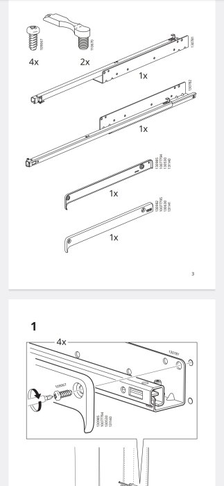 Illustration av en monteringsanvisning med skena, skruvar och fästen, verkar avsedd att dölja skenan i konstruktionen.