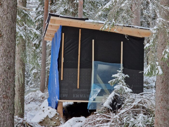 Bygger stomme av hus i skogen på vintern, täckt med blå presenning och snö på marken runtom.