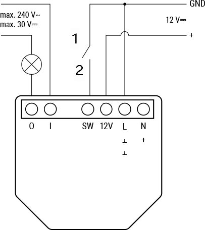 Schematisk ritning av kretskortet för en Shelly 1 Gen3, visar inkoppling med nummer 1 och 2, lampa och spänningsnivåer.