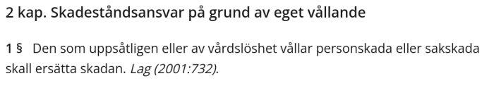 Text från skadeståndslagen 2 kap. om ansvar för eget vållande och ersättning vid vårdslöshet eller uppsåtlighet, lag (2001:732).