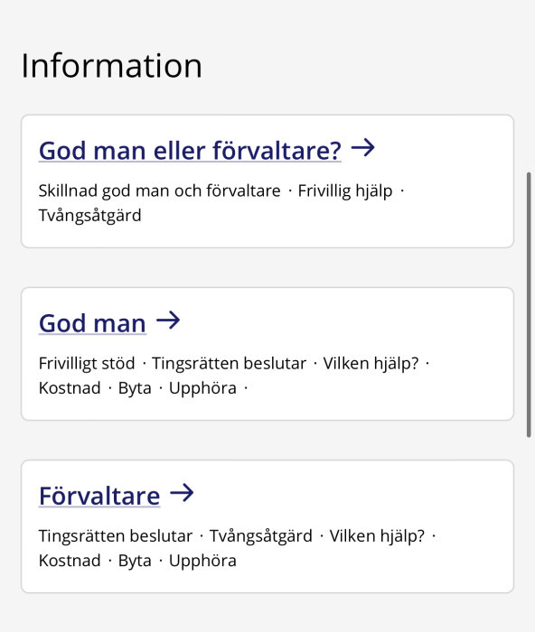 Information om skillnaden mellan god man och förvaltare. Inkluderar beslutande instans, tvångsåtgärder, kostnader och hur man byter eller upphör med hjälp.