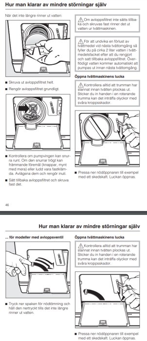 Instruktioner för att öppna tvättmaskinens lucka och rengöra avloppsfiltret på Miele PW6055 Vario.