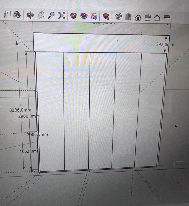 Skiss av platsbyggd garderob i mdf utan dekoration, 3 m bred och 310 cm hög, med släta luckor och dimensioner angivna i millimeter.