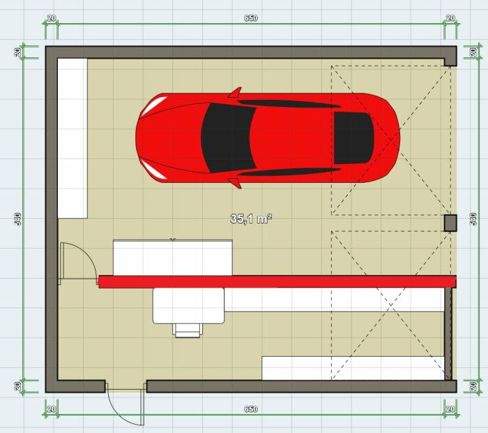 Planritning av garage med en röd bil och rödmärkt vägg visar föreslaget byggprojekt.