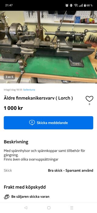 Äldre finmekanikersvarv av märket Lorch i bra skick, placerad på ett grönt bord med verktygshylla i bakgrunden.