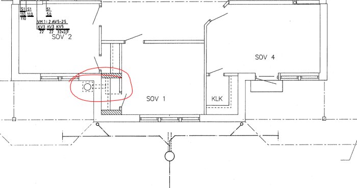 Byggnadsritning med rödförmarkerad del, visar vägg eller pelare med oklar funktion mellan två rum markerade som SOV 1 och SOV 2.