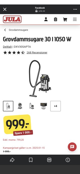 Grovdammsugare DeWalt DXV30SAPTA med 1050 W motor, pris 999 kr på Jula.se, med rabatt på 1 000 kr, erbjudandet gäller till 15 januari 2025.