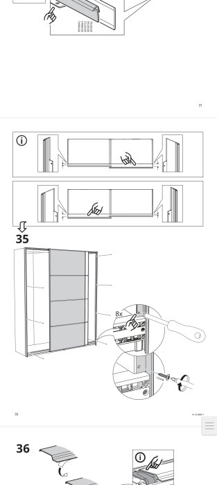 Ikea monteringsskiss visar instruktion för installation av täcklist på garderob, med fokus på fästskena och visning av skruvjustering.