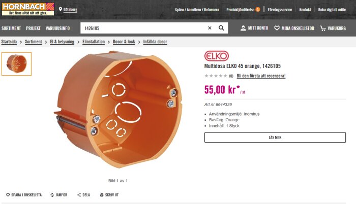 Orange Elko infälld multidosa visad på Hornbachs webbplats, artikelnummer 1426105, pris 55 kr. Används inomhus.