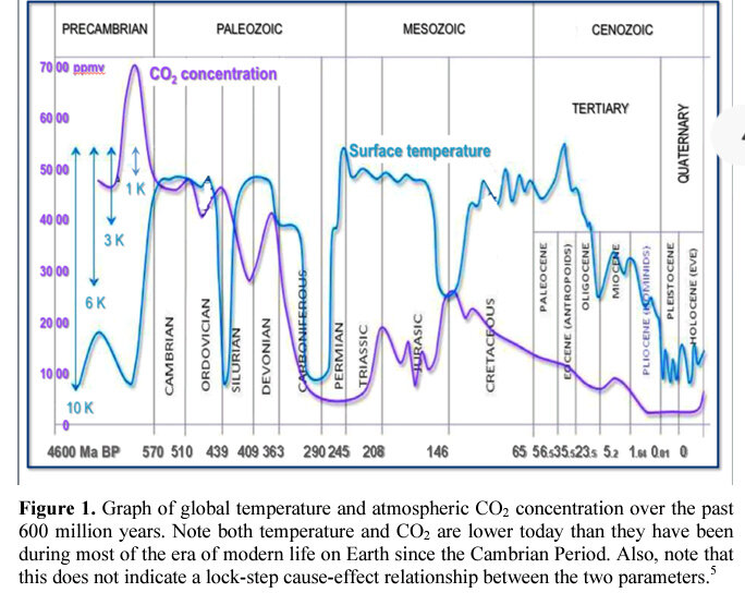 Graf över historisk global temperatur och CO2-koncentration de senaste 600 miljoner åren, visar variationer under olika geologiska perioder.