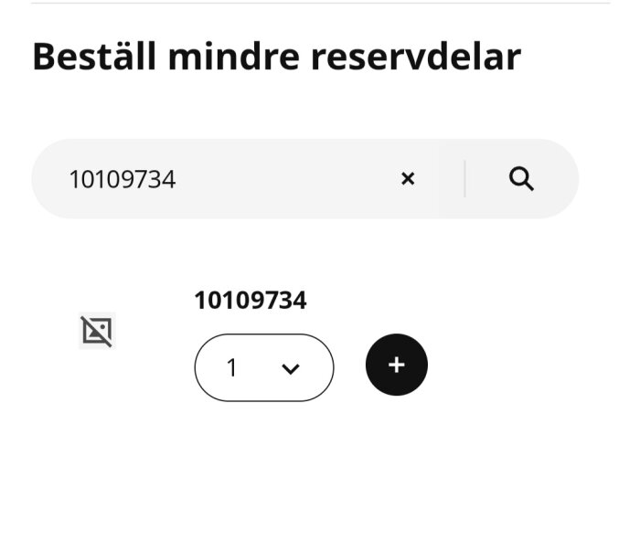 Bild av en söksida för mindre reservdelar på IKEA med artikelnummer 10109734 men saknar produktbild.