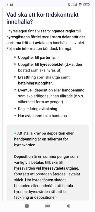 Utdrag om vad ett korttidskontrakt bör innehålla, inklusive uppgifter om parter, hyresobjekt, ersättning, deposition och regler för avbokning och avtalsbrott.