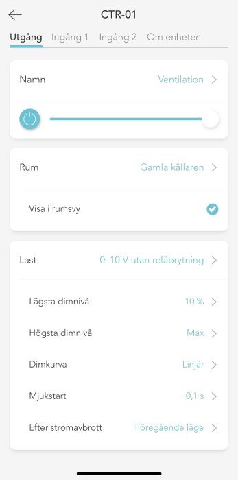 Skärmbild av en appinställning för ventilation i "Gamla källaren" med kontroller för dimning, last och rumsvy.