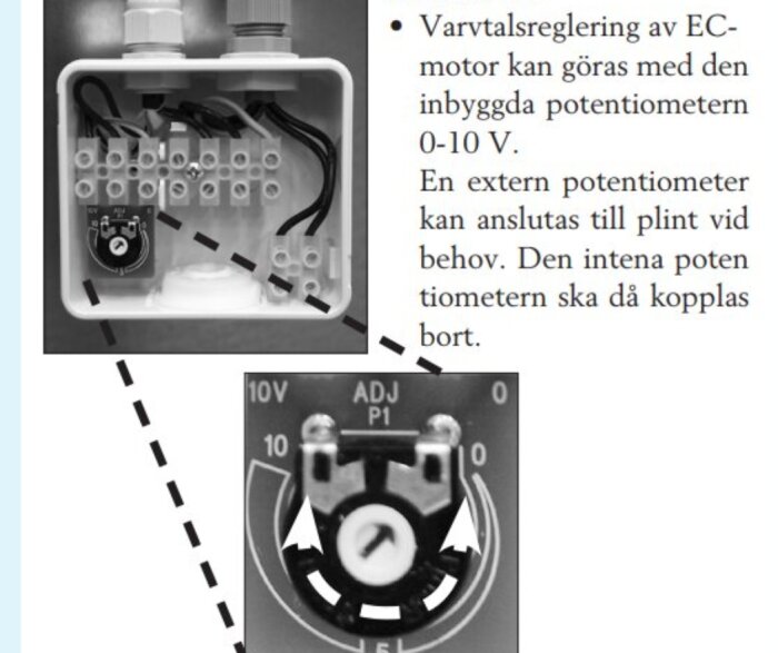 Närbild på potentiometer för varvtalsreglering av EC-motor med skala 0-10V, i en vit kopplingsbox med flera anslutna kablar.