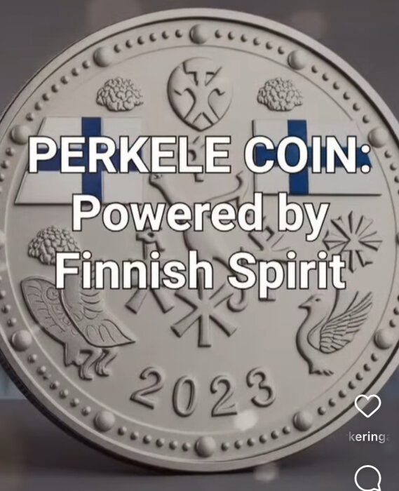 Mynt med texten "PERKELE COIN: Powered by Finnish Spirit" och finska flaggor, år 2023 präglat.