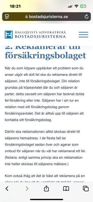 Skärmdump av en artikel från Bostadsjuristerna om reklamation vid dolda fel, med text "2. Reklamera till försäkringsbolaget".