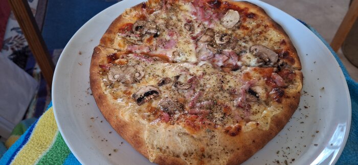 Pizza Capricciosa med extra ost och oregano på en vit tallrik.