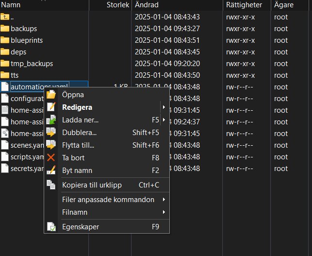 Datorskärm visar filhanterare med öppnat högerklicksmeny för filen "automations.yaml" i en mappstruktur med olika mappar och filer.